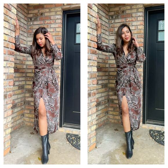 Zara Printed Wrap Midi Dress Size XS Brown Floral Satin Long Sleeve 9445/853/700 - Picture 8 of 14